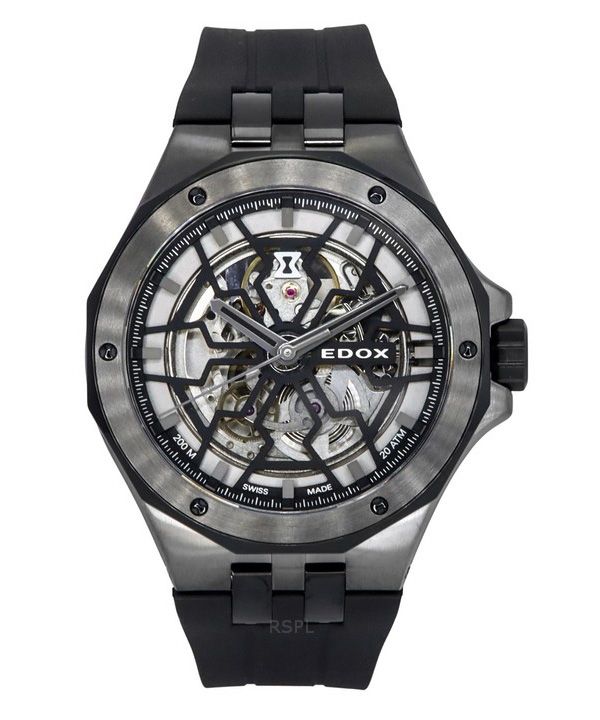 Edox Delfin The Original Mecano Rubber Strap Skeleton Black Dial Automatic Diver's 85303 357GN NGN 200M Men's Watch