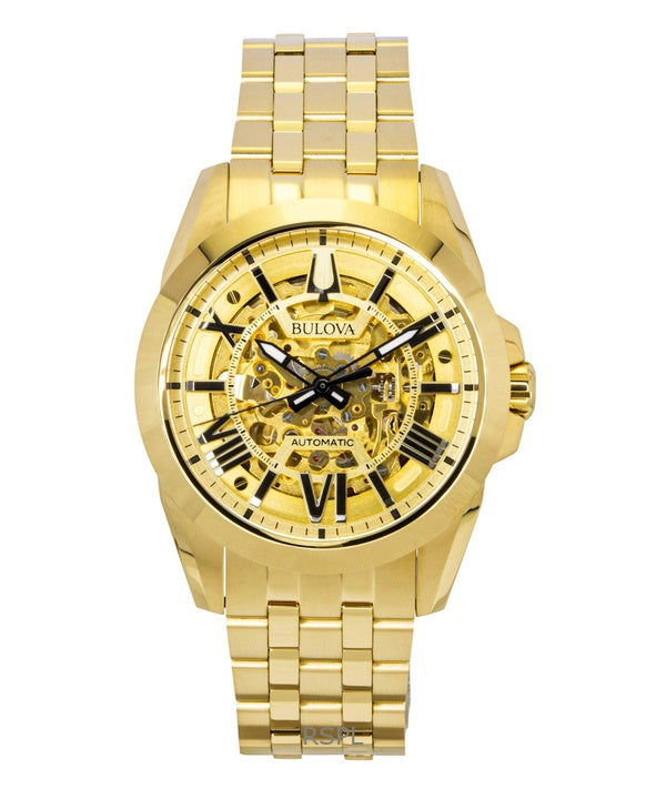 Bulova Sutton Gold Tone Stainless Steel Gold Skeleton Dial Automatic 97A162 Men's Watch