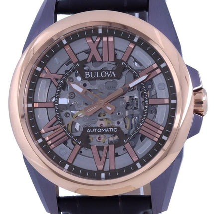 Bulova Classic Skeleton Silver Dial Leather Strap Automatic 98A165 100M Mens Watch