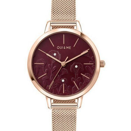 Oui & Me Fleurette Burgundy Sunray Dial Rose Gold Tone Stainless Steel Quartz ME010128 Women's Watch