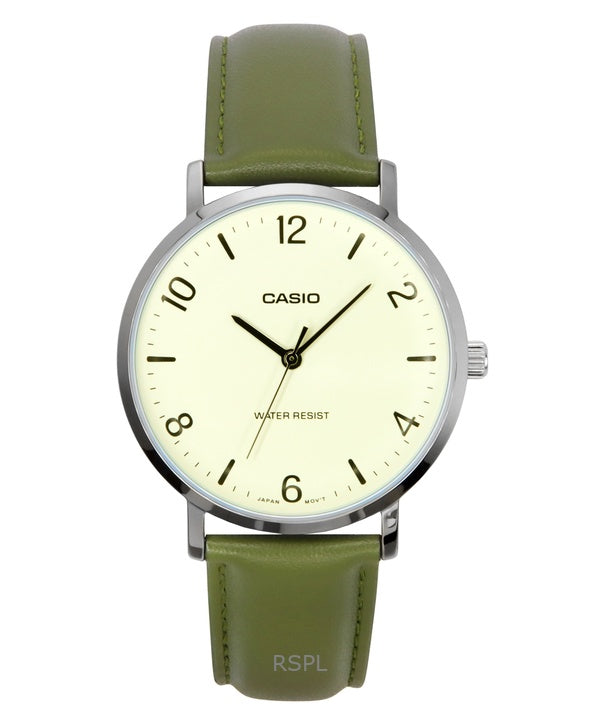 Casio Standard Analog Green Leather Strap White Dial Quartz MTP-VT03L-7B Men's Watch
