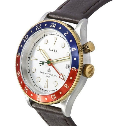 Timex Waterbury Traditional GMT Leather Strap White Dial Quartz TW2U99100 100M Mens Watch