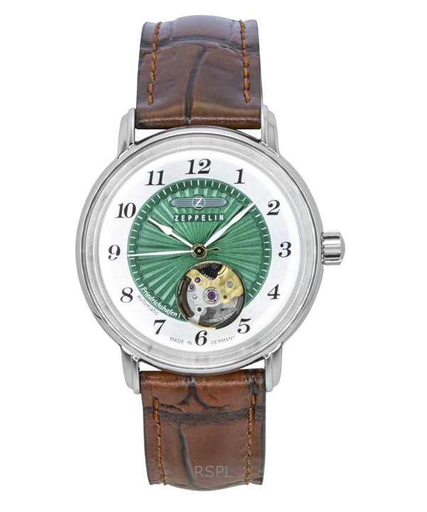 Zeppelin Friedrichshafen Leather Strap Open Heart Green Dial Automatic 85672 Women's Watch