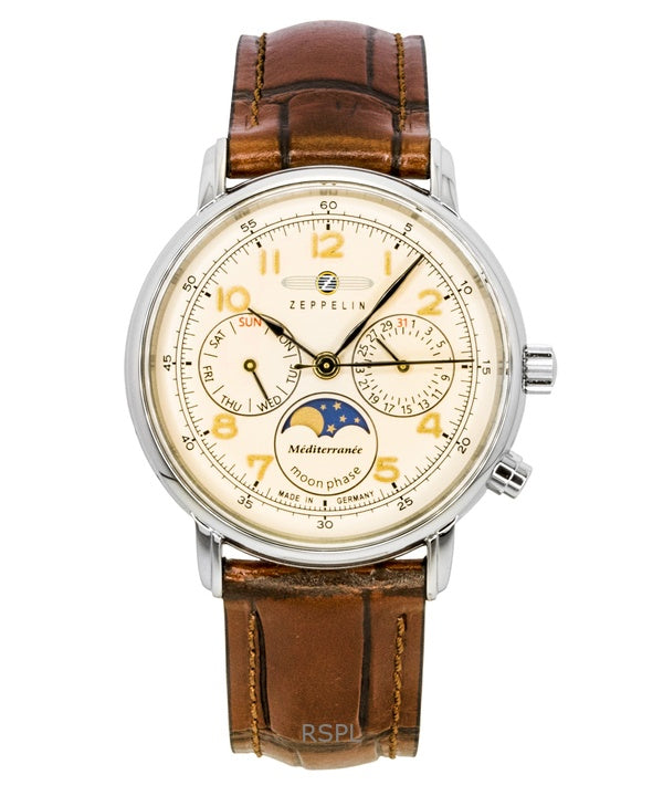 Zeppelin Mediterranee Moonphase Leather Strap Champagne Dial Quartz 96375 Men's Watch