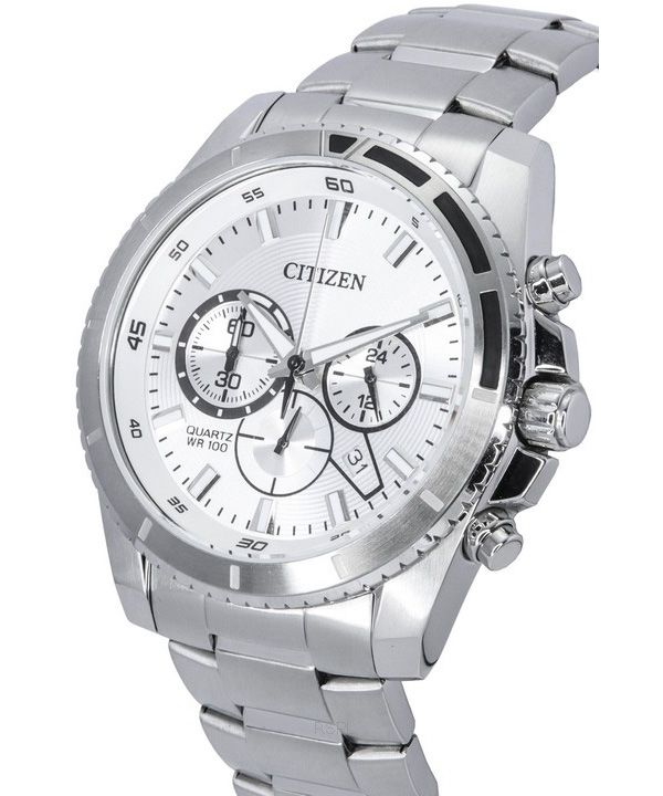 Citizen Chronograph ZetaWatches Men\'s 100M Stainless Watch Quartz Silver AN8200-50A Steel Dial 